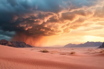 A powerful sandstorm sweeping across a desert landscape, obscuring visibility