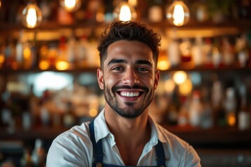 Fototapeta premium portrait of a young smiling Cuban male bartender against blurred bar background