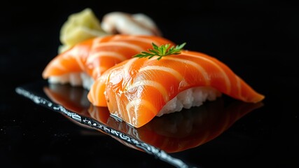 Salmon Sushi on Black, Reflective, Organic, High-Quality