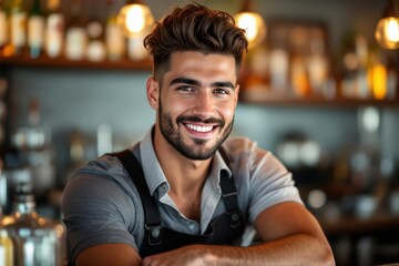 Fototapeta premium portrait of a young smiling Cypriot male bartender against blurred bar background