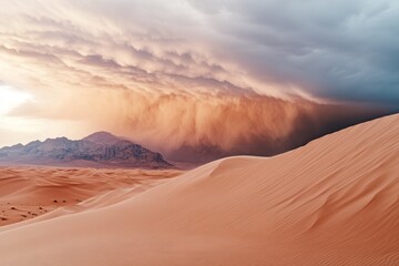 Naklejka premium A powerful sandstorm sweeping across a desert landscape, obscuring visibility