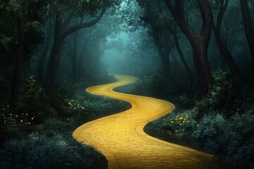 illustration of The Yellow Brick Road winding through an enchanted forest, with magical creatures peeking out from the trees 