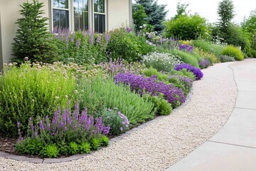 Scenes of a front yard garden with a xeriscape design, featuring drought-tolerant plants, gravel pathways, and a water-efficient landscape.