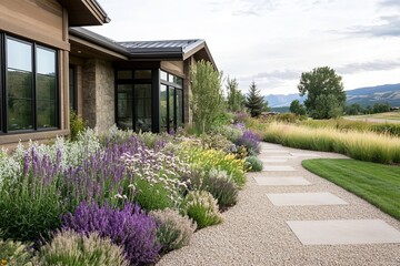 Scenes of a front yard garden with a xeriscape design, featuring drought-tolerant plants, gravel pathways, and a water-efficient landscape