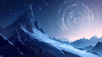 Star trails over mountain ridge scenic landscape. Galactic Ridge. Illustration