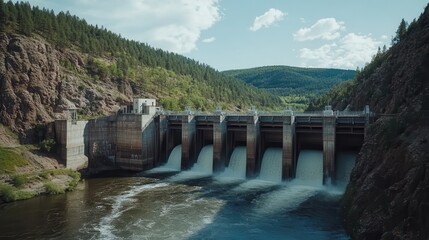 Scenic View of Dam with Flowing Water Surrounded by Lush Green Mountains and Blue Sky