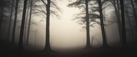 Obraz premium Mysterious forest shrouded in fog conveying serenity and tranquility