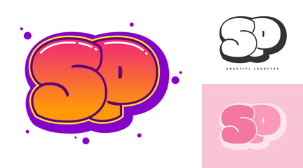 SP logo design for festival or party. Initial letter s and p in graffiti style. Creative modern lettering company name of font typography. Kids trendy logotype or identity.