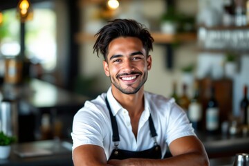 Obraz premium portrait of a young smiling Fijian male bartender against blurred bar background