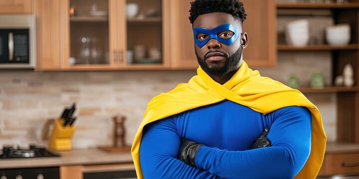 african american man dressed as superhero standing in kitchen, 