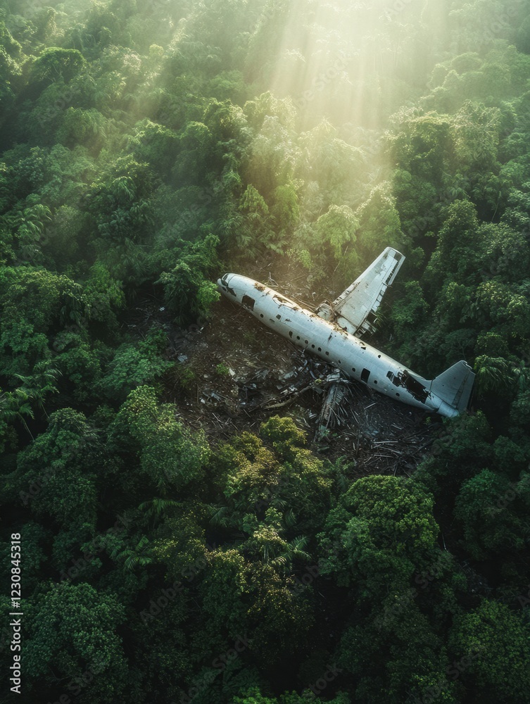 Aufkleber View of dense forest with airplane debris in clearing surrounded by lush greenery and sunlight filtering through trees. Generative AI