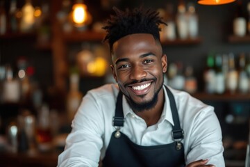 Obraz premium portrait of a young smiling Gabonese male bartender against blurred bar background