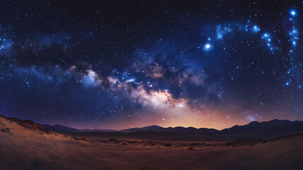 Naklejka premium View into the milky way from mars with jupiter in the background and orion's belt with blue hued nebulas. Galactic Ridge. Illustration