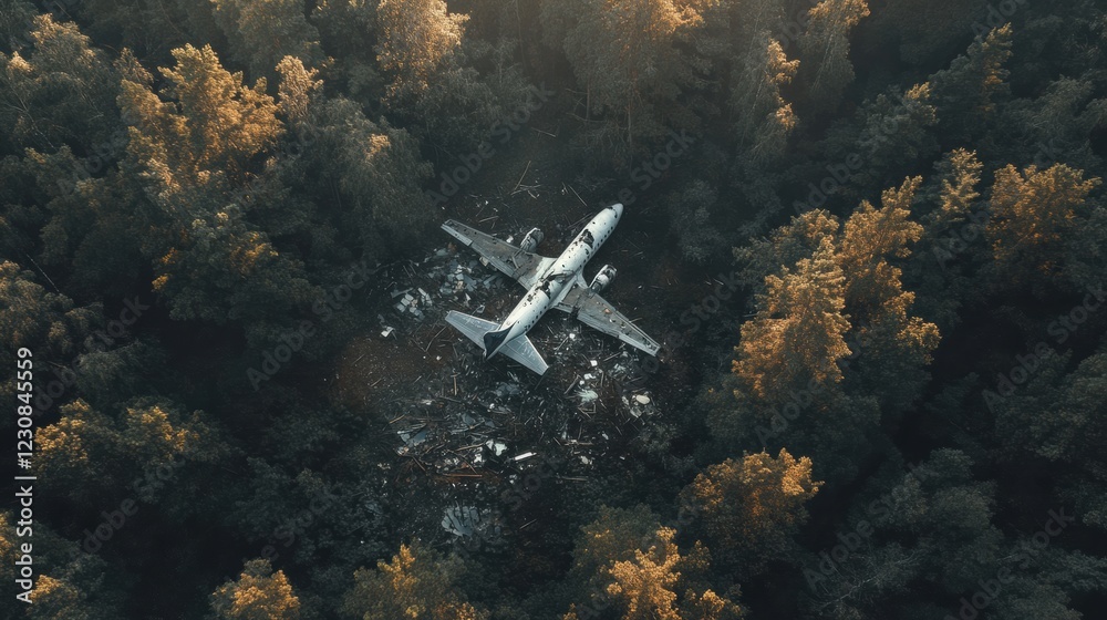 Poster aerial view reveals debris from a downed airplane in a clearing among a dense forest during twilight