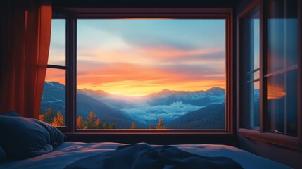 Fototapeta premium Sunrise Mountain View From Cozy Bedroom Window