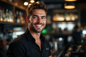 Obraz premium portrait of a young smiling German male bartender against blurred bar background