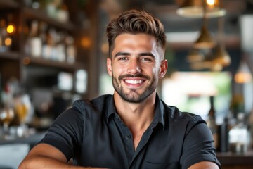 Fototapeta premium portrait of a young smiling Greek male bartender against blurred bar background