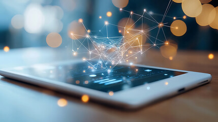 Cybersecurity interface on tablet for business intelligence modern office environment digital visualization close-up viewpoint