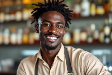 Fototapeta premium portrait of a young smiling Grenadian male bartender against blurred bar background