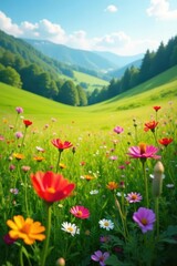 Vibrant wildflowers in lush green meadow, sunlit hills , art, artwork, green