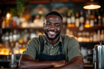Fototapeta premium portrait of a young smiling Guinean male bartender against blurred bar background