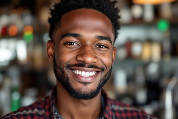 Naklejka premium portrait of a young smiling Guinea-Bissauan male bartender against blurred bar background