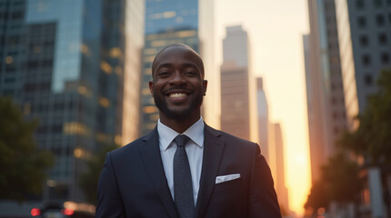 Standing on a boulevard of modern skyscrapers in a huge city at dusk, a happy, affluent, and successful black businessman dreams of fresh investment opportunities and ponders a successful vision.
