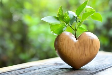Decorative wooden heart sculpture with plant on rustic table
