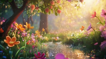 Enchanted Forest Path With Colorful Flowers And Soft Sunlight