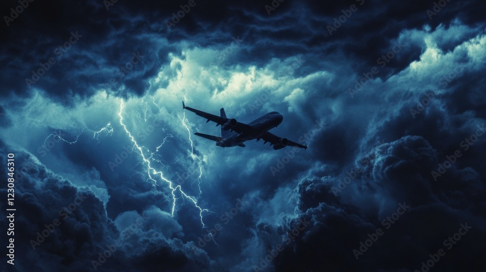 Poster airplane navigates turbulent stormy clouds amidst lightning during a challenging flight. generative 
