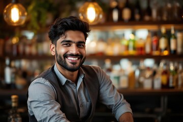Fototapeta premium portrait of a young smiling Indian male bartender against blurred bar background