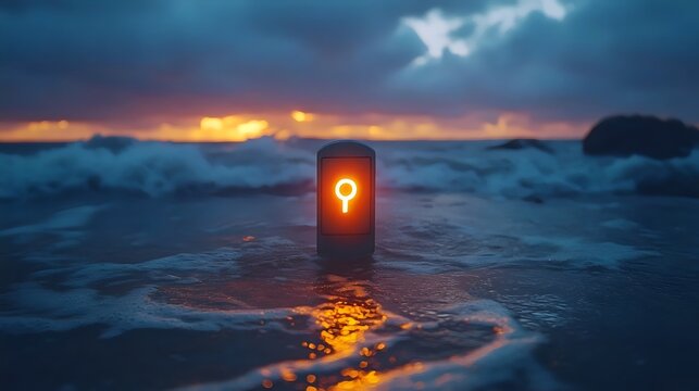 A glowing key is floating in the ocean