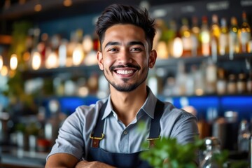 Naklejka premium portrait of a young smiling Indonesian male bartender against blurred bar background