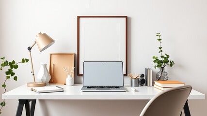 Modern Remote Home Office Desk Mockup - Beige Wall, Ivy, Laptop