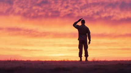 A soldier salutes against a vibrant sunset, symbolizing respect and dedication to service.