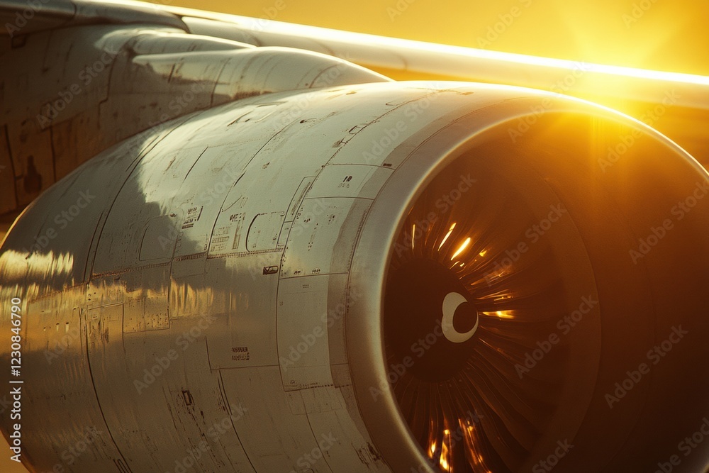 Poster sunset highlights airplane wing and engine with warm golden tones in the sky. generative ai