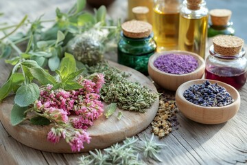 Herbs and essential oils on wooden table in natural setting
