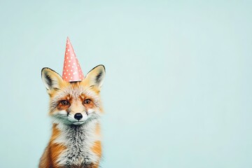 Obraz premium Birthday celebration concept cute red fox in a party hat on blue background with copy space