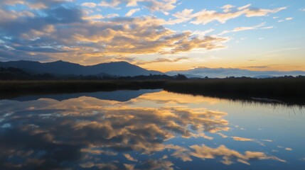 Obraz premium Serene Sunset Reflection Over Calm Lake With Mountains