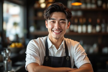 Fototapeta premium portrait of a young smiling Japanese male bartender against blurred bar background