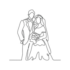 One continuous line drawing of wedding ceremony vector illustration. spouse bride complete with wedding costume design illustration simple linear style vector concept. Wedding design vector asset.	
