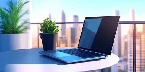 Fototapeta premium 2D animation laptop on table on balcony overlooking city