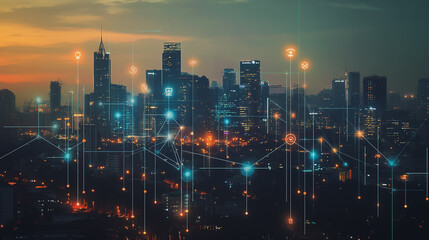 Fototapeta premium Smart digital Innovation city with connection network reciprocity over the cityscape. of future smart wireless digital city and social media networking systems that connects people with in city