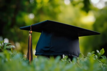 Black graduation cap resting in green foliage under bright sunlight