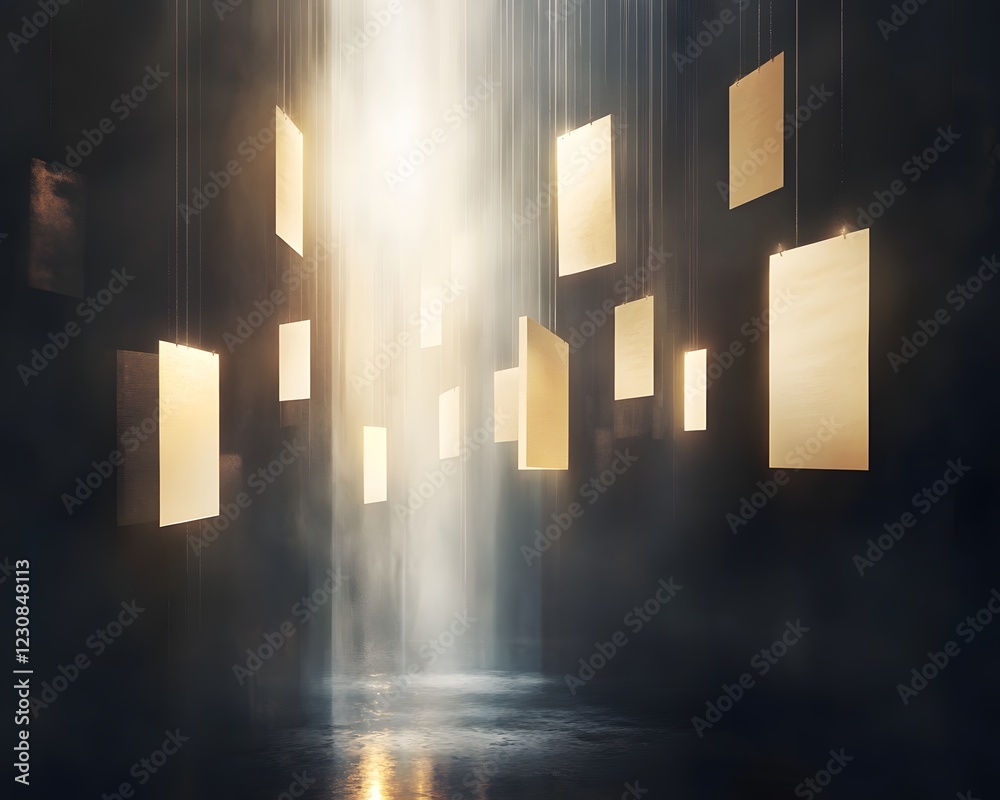 Poster a captivating light display featuring floating panels illuminated by a cascading curtain of water, c