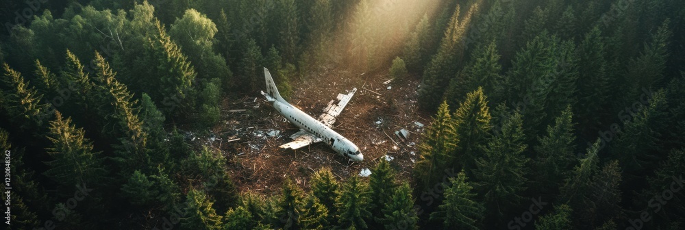 Poster aerial view of forest clearing with airplane debris among dense trees at sunset. generative ai