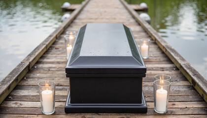 Somber farewell at riverside dock with casket, honoring memories