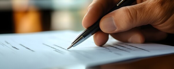A close-up view of a hand holding a pen, poised above a document for signing