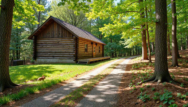 Log cabin in woods with path and sunlight, serene farewell setting
