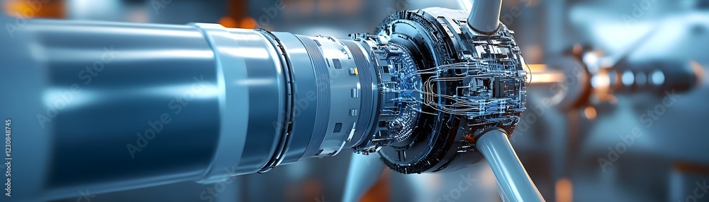 Poster a close-up view of a sophisticated turbine engine component showcasing intricate mechanics and preci